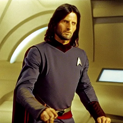 Prompt: A still of Aragorn as Scotty on Star Trek: The Original Series, red shirt, sharp focus, high quality, very realistic, 4k