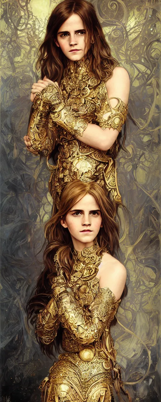 Image similar to photo photorealistic portrait photograph full body art nouveau portrait of Emma Watson ornate intricate golden battle armor, intricate, elegant, highly detailed, digital painting, artstation, concept art, smooth, sharp focus, illustration, art by John William Waterhouse and greg rutkowski and Donato Giancola and alphonse mucha Nick Knight, Herb Ritts