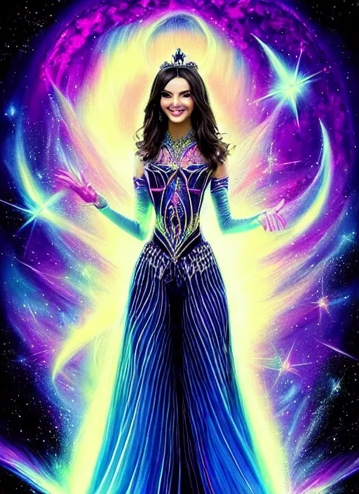 Image similar to elegantly sweet Victoria Justice as empress of pulsar stars. ultra detailed painting at 16K resolution and amazingly epic visuals. epically beautiful image. amazing effect, image looks gorgeously crisp as far as it's visual fidelity goes, absolutely outstanding. vivid clarity. ultra. iridescent. mind-breaking. mega-beautiful pencil shadowing. beautiful face. Ultra High Definition. godly shading diffusion. amazingly crisp sharpness. photorealistic 3D rendering on film cel processed twice..