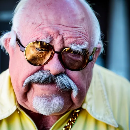 Image similar to dslr portrait photo still of wilfred brimley as a gangsta rapper with gold chains and gold teeth grills, 8 k, 8 5 mm f 1. 8