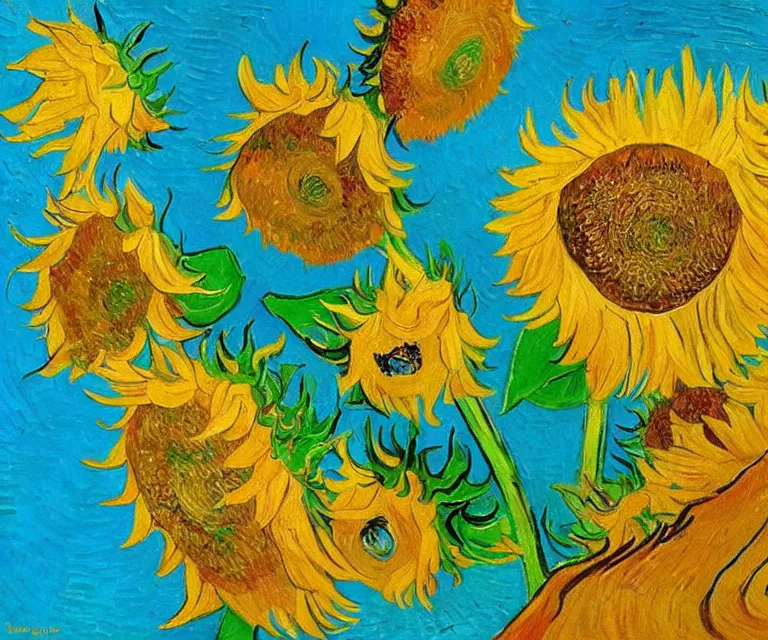 Prompt: sunflowers, van gogh, water painting, bright colors, sunlight, happy, peaceful, serene, joy