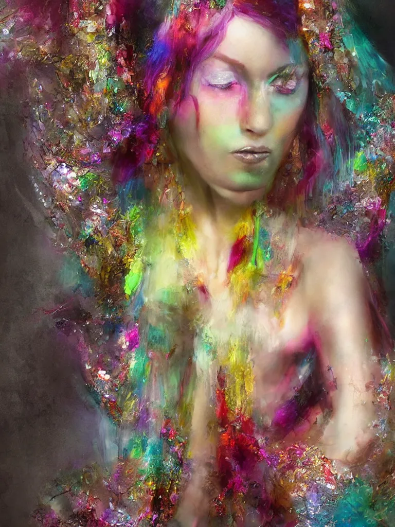 Prompt: digital matte painting of a beautiful young woman draped in rainbow crystals, by michael hussar, intricate, colorful