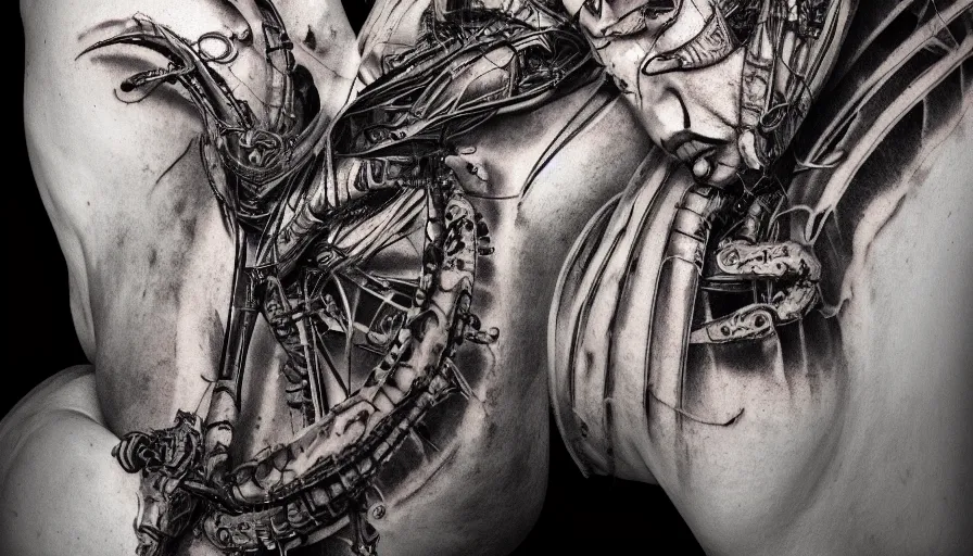 Prompt: tribal tattoo by yoshitaka amano, by hr giger, biomechanical, profile portrait, wide ayes, hyper detailed, hyperrealism, anime, deviantart, artstation, hadron antimatter vacuum reactor, photorealistic, 4 k, god rays, highly detailed, vray rendering, unreal engine