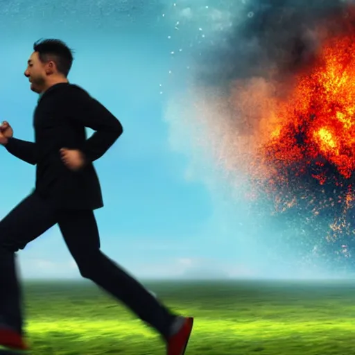 Image similar to cctv footage of a man running across a field, in the background is a large explosion, highly detailed, very realistic.