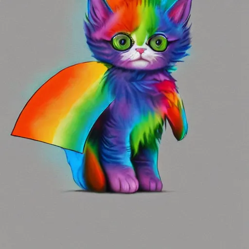 Image similar to wide angle full body, jacket wearing fluffy cute rainbow kitten wearing a black leather motorcycle jacket, concept art