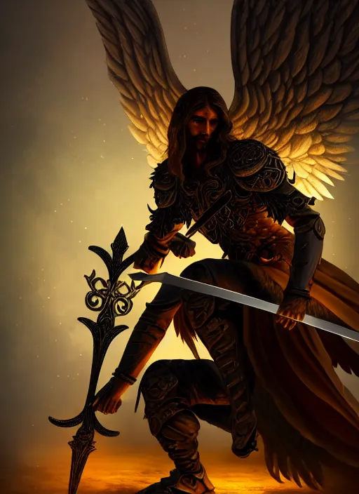 Prompt: fantasy art, fallen man angel kneeling with a sword and shield and wings, close-up, bokeh. dark art masterpiece artstation. 8k, sharp high quality illustration in style of Jose Daniel Cabrera Pena and Leonid Kozienko, Tooth Wu, studio lighting