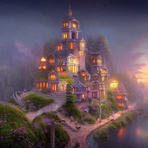 Prompt: A beautiful matte painting of a beautifully intricate town, Thomas Kinkade, 4k unreal engine, tilt-shift effect, Samorost