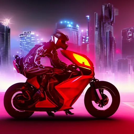 Image similar to a futuristic motorbike, red, high detail, cinematic light, cyberpunk