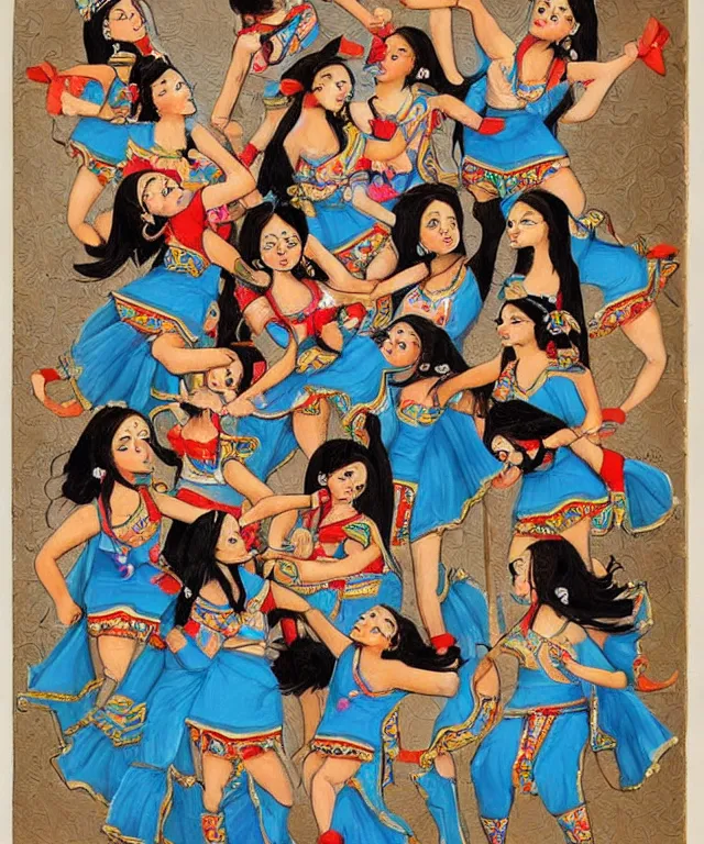 Image similar to a persian miniature painting, cute cheerleaders dancing, shorts, ultra sharp, extra details, ultra high quality, trending on pinteresst