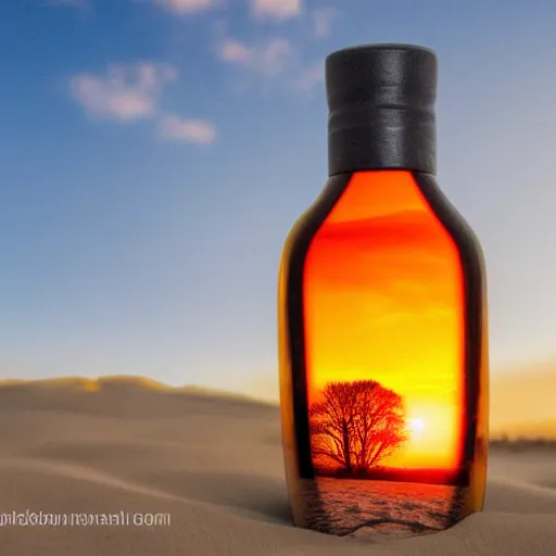 Prompt: a forest with a sunset in a bottle, on the sand, realistic photo, professional photo, lighting, well detailed