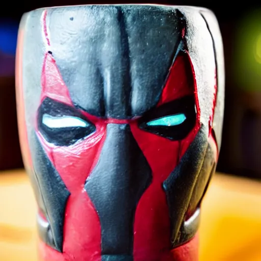 Image similar to a closeup photorealistic photograph of a deadpool style tiki mug sitting at a trader vic's bar featuring the face of deadpool. tiki culture. bright scene. fine detail. this 4 k hd image is trending on artstation, featured on behance, well - rendered, extra crisp, features intricate detail, epic composition and the style of unreal engine.