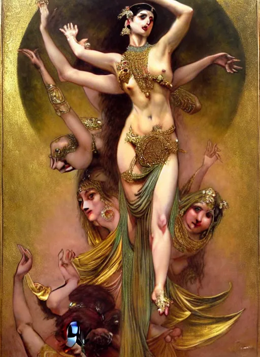 Prompt: hyper realistic painting of bellydancers, gold ornaments, flowing fabric, intrincate detail by wayne barlowe, gustav moreau, goward, gaston bussiere and roberto ferri, santiago caruso, and austin osman spare, ( ( ( ( occult art ) ) ) ) bouguereau, alphonse mucha, saturno butto