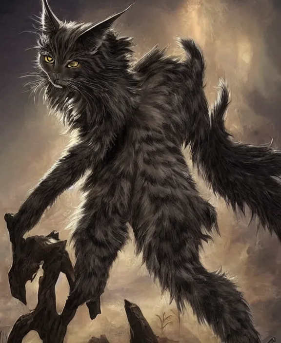 Prompt: humanoid male khajiit rogue, mainecoon cat features with black fur, far - mid shot, wearing leather armor, magic the gathering, fantasy