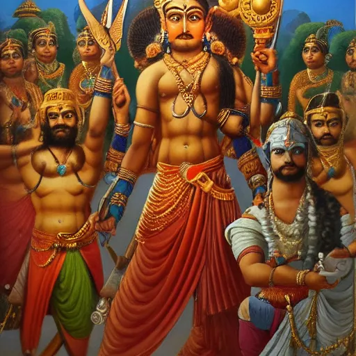 Image similar to a painting of bhima holding a mace and standing over slain duryodhana, mahabharat, an oil on canvas painting by raja ravi verma and ram chandra shukla, artstation, samikshavad, detailed painting, epic, oil on canvas h - 7 6 8