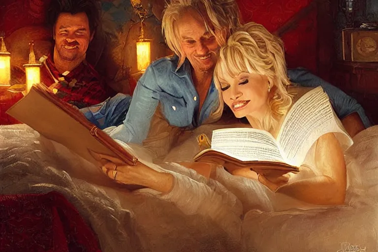 Image similar to portrait of dolly parton reading a bedtime story to jim carrey in bed, an oil painting by ross tran and thomas kincade