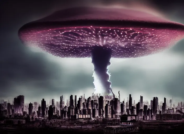 Image similar to nuclear mushroom cloud in the city . Horror dystopia style. Highly detailed 8k. Intricate. Nikon d850 300mm. Award winning photography.