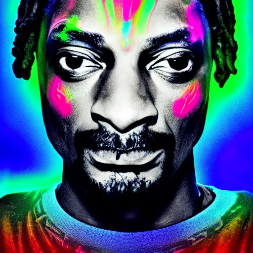 Image similar to psychedelic snoop dogg with luminous scars, lasers and neon and a halo of light