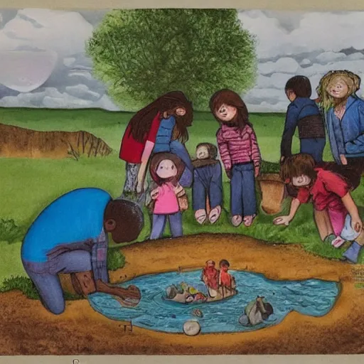 Image similar to ''children excavating a ufo''