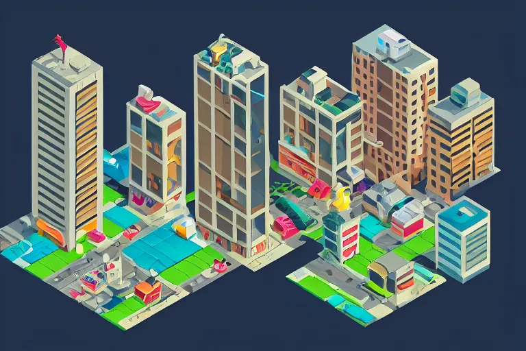Prompt: isometric stylized pixel city, eboy