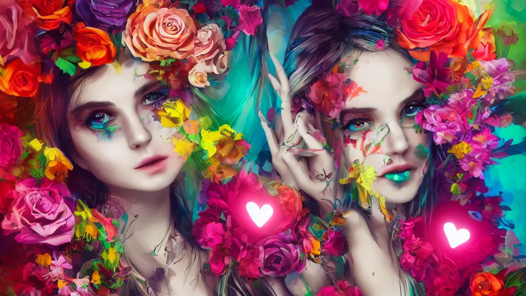 Prompt: stunning colorfull mixed media art, gotic stunning girl, flowers, heart symbol, skulls, art by cgsociety, 8 k, high resolution