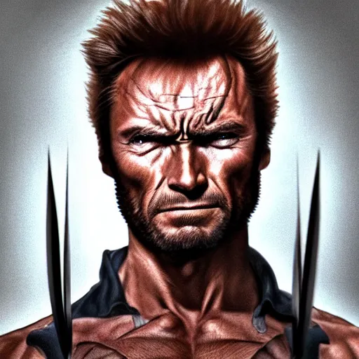 Prompt: Clint Eastwood as Wolverine, metal claw out, X-men angry face, hyper realistic, portrait, high detail skin