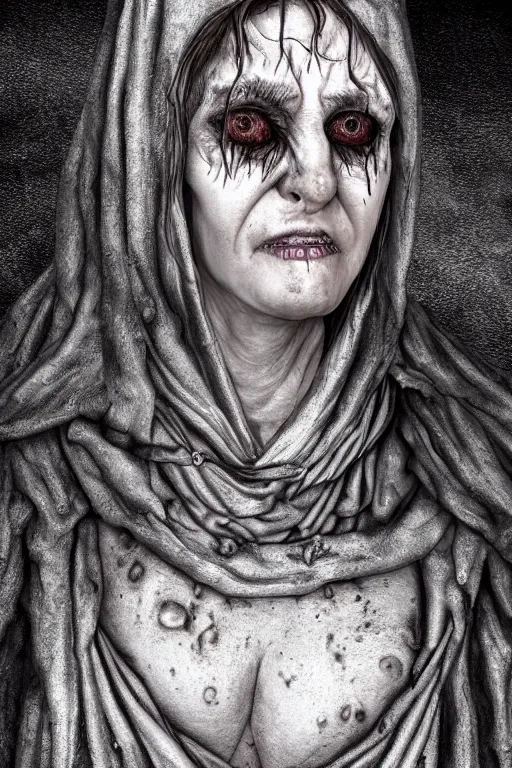 Image similar to middle aged woman with pustules, sad eyes, medieval clothing, lord of the rings style, highly detailed digital art, creepy atmosphere, overcast weather, trending on artstation