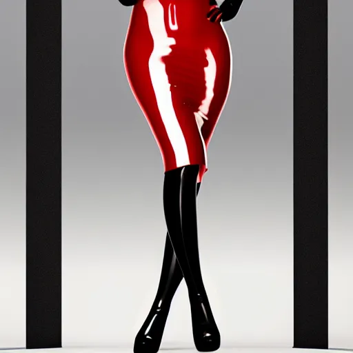 Image similar to a curvy pale goth goddess wearing an elegant modest tight shiny red-black striped latex high-neck dress, cgsociety, photorealistic, sublime-cool-hot-hyperadvanced, 16k, smooth, sharp focus, trending on ArtStation, volumetric lighting, fully clothed, thin waist