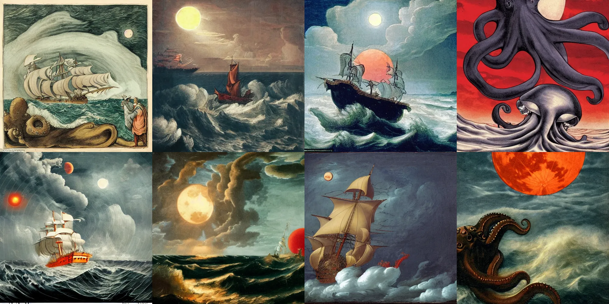 Prompt: the age of discovery, red moon over stormy ocean, huge clouds in the form of a gigantic octopus, the greatest adventurer standing on a 1 5 th century