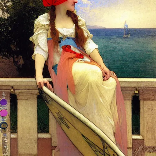 Image similar to A girl with jester hat and clothes on a greek archi circle on the front of a Balustrade with a beach and a sail boat on the background, major arcana clothes, by alphonse mucha and arnold böcklin arnold böcklin arnold böcklin, paul delaroche, hyperrealistic 8k, very detailed