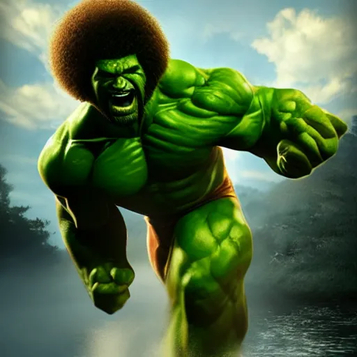 Image similar to photomanipulation of BOB ROSS as hulk, marvel, fully detailed, volumetric lightening, octane render, cinema 4D