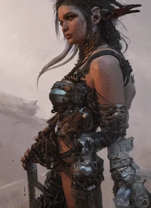 Image similar to hyper realistic photography portrait of postapocalyptic cyberpunk pagan medieval tribal festival warrior curvy partygirl valkyr face cinematic, vallejo, craig mullins greg rutkowski, artstation, cgsociety