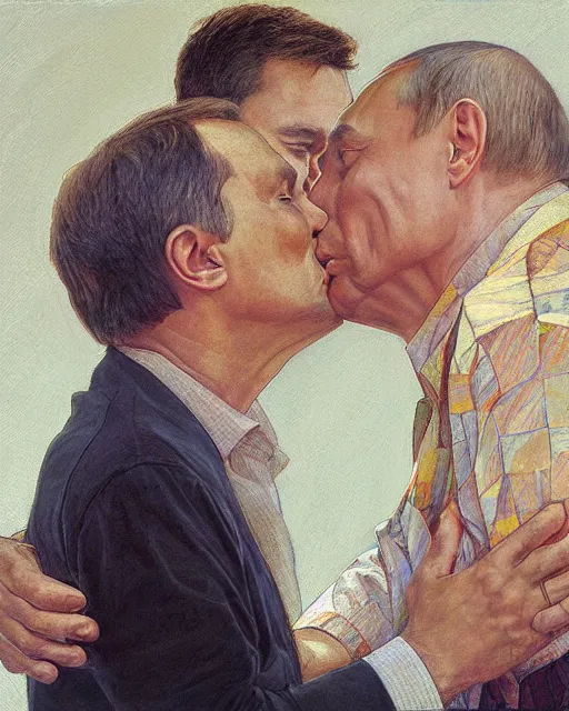 Prompt: portrait of Putin and Viktor orban kissing by Mandy Jurgens and Richard Schmid and chuck close and mucha