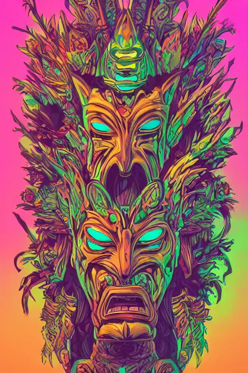 Image similar to animal mask totem roots tribal feather gemstone plant wood rock shaman vodoo video game vector illustration vivid multicolor borderlands comics by josan gonzales and dan mumford radiating a glowing aura