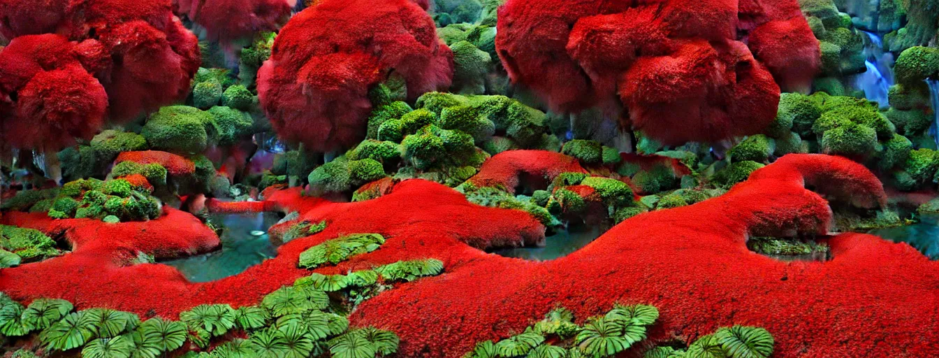 Image similar to a gorgeous very early spring series of lush islands separated by flower - lined streams, twisted gardens, flowers, fern fronds, all red, painting by barlowe wayne maxfield parrish and marco mazzoni. very little light verdancy. ultra clear detailed. all foliage is red. 3 d, octane render