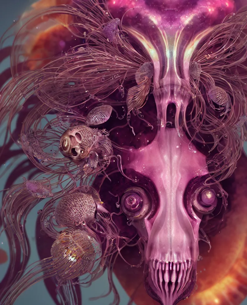 Image similar to goddess princess face close-up portrait ram skull. jellyfish phoenix head, nautilus, orchid, skull, betta fish, bioluminiscent creatures, intricate artwork by Tooth Wu and wlop and beeple. octane render, trending on artstation, greg rutkowski very coherent symmetrical artwork. cinematic, hyper realism, high detail, octane render, 8k