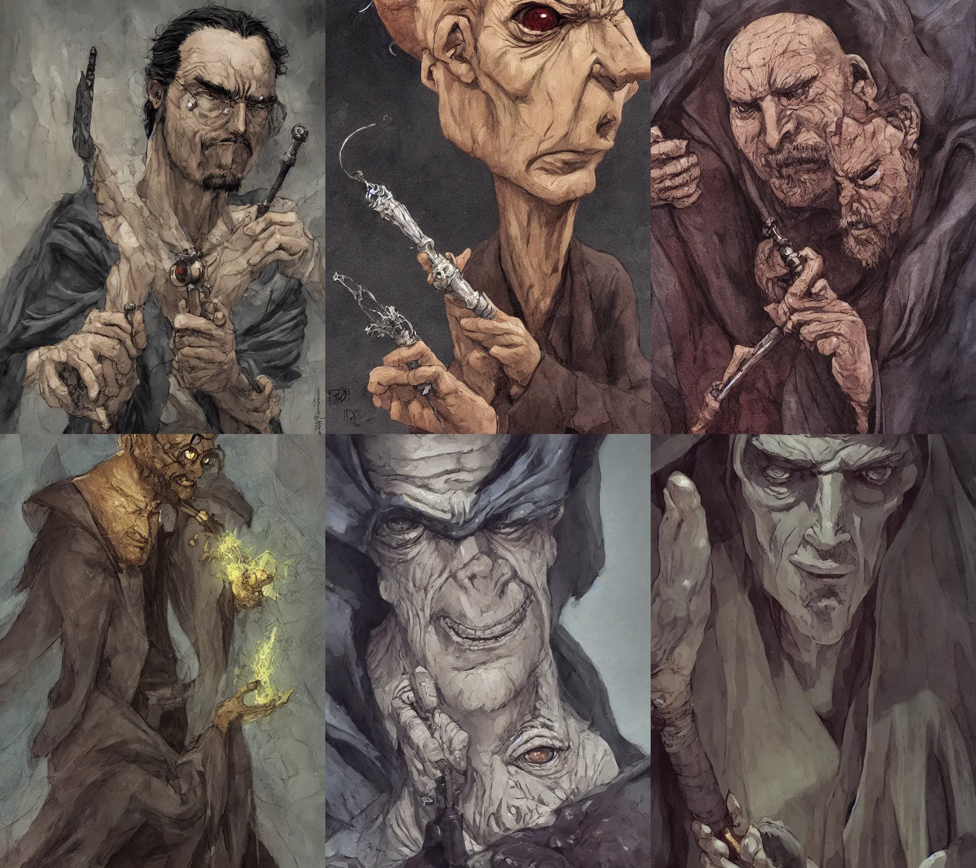 Prompt: A beautiful man. He look at a wand in his hand. He wear a long dark robe. By Régis Loisel and Enki Bilal and Tony Sandoval and Oliver Ledroit. Oil painting. Close-up