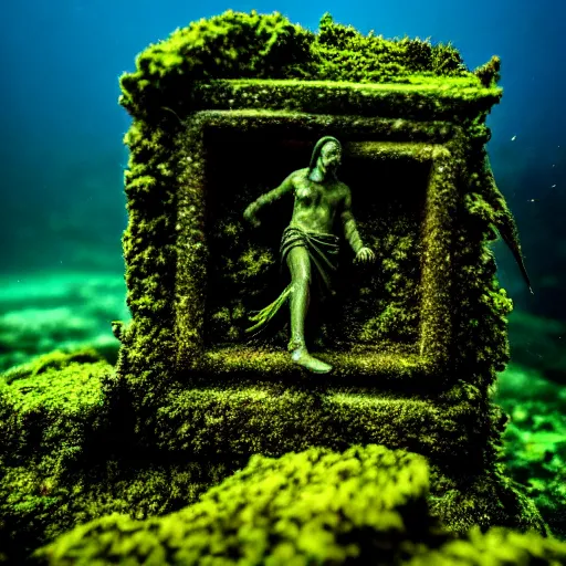 Image similar to Ruins, Nicolas Cage underwater mossy old statue, ruins, photo, dark, kelp and moss all over, bottom of ocean, deep ocean, bottom of ocean, dark, 35mm, fish, underwater landscape, 4k, detailed, photorealistic, photo, Atlantis, underwater camera, fish, fish, fish