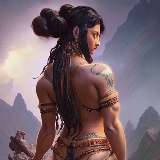 Prompt: painting of a muscular dark nepali female from behind, big eyes, fat, ultra realistic, concept art, intricate details, eerie, highly detailed, photorealistic, octane render, 8 k, unreal engine. art by artgerm and greg rutkowski and alphonse mucha