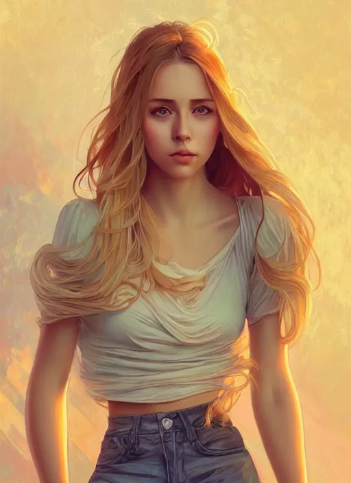 Image similar to handsome young women with shoulder length blonde hair, half body shot, path traced, highly detailed, high quality, digital painting, alena aenami, lilia alvarado, shinji aramaki, karol bak, alphonse mucha, tom bagshaw