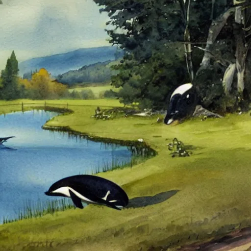 Image similar to an idyllic pastoral watercolor painting of an orca eating a seal