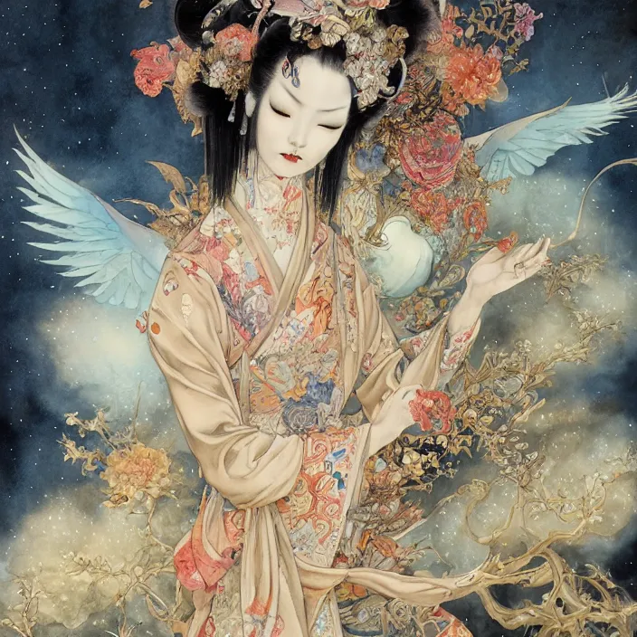 Image similar to asian geisha watercolor painting by, daniel merriam, ayami kojima, peter mohrbacher, intricate detail, artstation, artgerm, in the style of darkness fantasy, rococo, gold leaf art, rime lighting