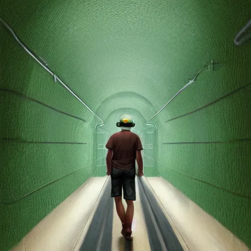 Prompt: A man in shorts and baseball cap walks down a very long, high walled tunnel, green floor, long shaddow, his back is turned, highly detailed, digital painting, artstation, concept art, smooth, sharp focus, illustration, art by greg rutkowski