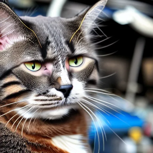 Prompt: a cat with the face of donald rumsfeld in a junk yard, photo, detailed, 4 k