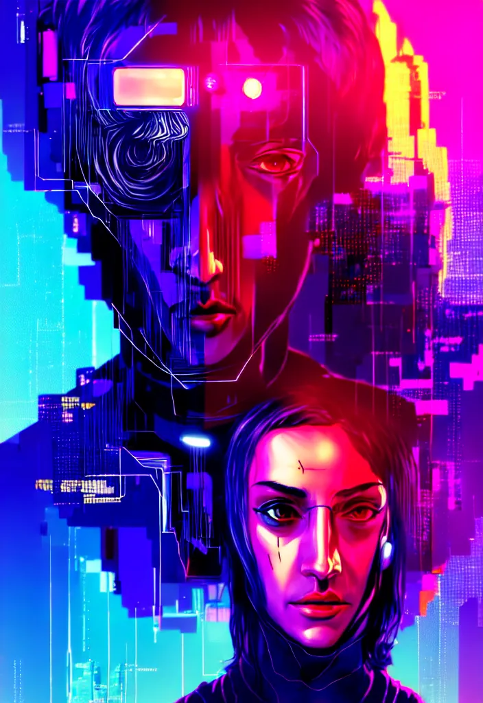 Image similar to digital portrait of lex fridman, cyberpunk, glitchcore, synthwave art, detailed, masterpiece, trending on artstation, featured on pixiv, hd, 4 k, 8 k