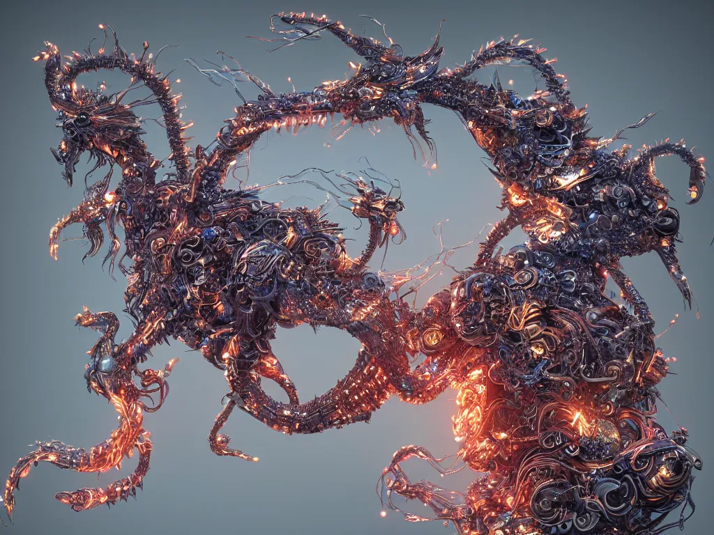 Prompt: a visionary 8 k cg render with hundreds intricate incense smoke modular synthesizer robot chinese dragons growing on a fantasy pegasus made of feathers and complex interweaving tentacles, plants and intricate mechanical parts, complex wrapping bio - mech fiber optic cables with particles, beautiful glowing tech volumetric lighting, # cgsociety, trending on artstation, soft pastel color, dof : - 1