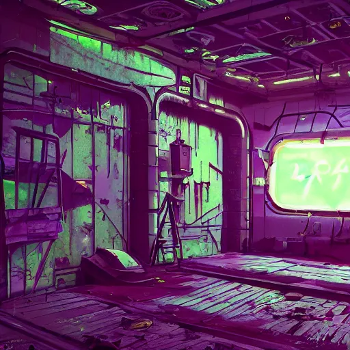 Image similar to !dream arriving on a derelict space station, ominous, epic, wonderfully colorful, illustration, ink lines, accurate, weird, neon ink, clean, minimal, 8k, octane render