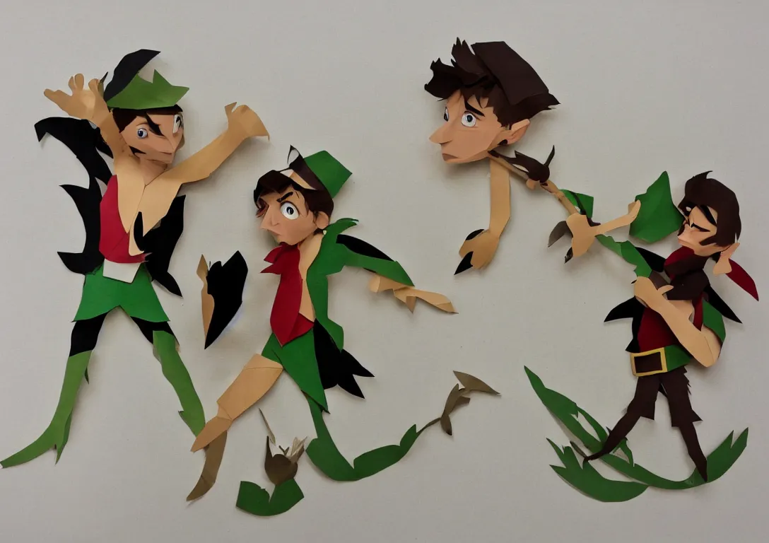 Prompt: a simple cut paper sculpture of peter pan and captain hook