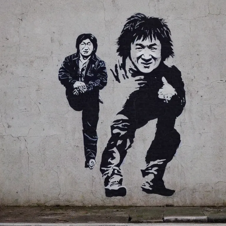 Image similar to Street-art full-body portrait of Jackie Chan in style of Banksy