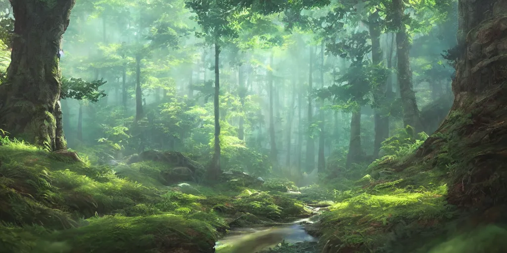 Image similar to a forest, oil painting, cinematic angle, hyperrealistic, volumetric lighting, breathtaking, Studio Ghibli, digital art, octane render, post-processing, epic composition, trending on artstation, masterpiece