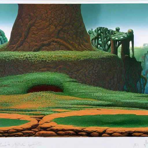 Prompt: a cylindrical pit in the ground, painting by Roger Dean